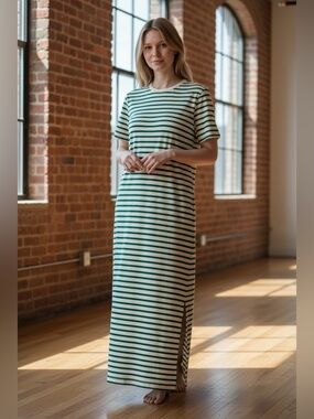 Polagram Green and White Striped Maxi Dress